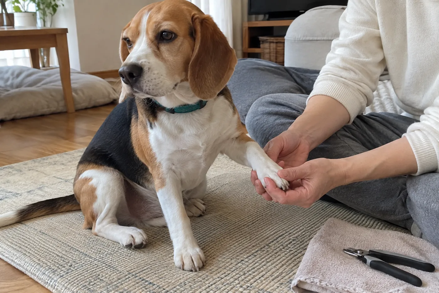 滑りにくいマットの上で、犬が飼い主に前足を預けている様子