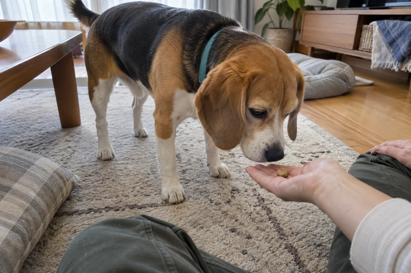 飼い主が足から手を離し、犬に小さなごほうびを与えて休憩している様子