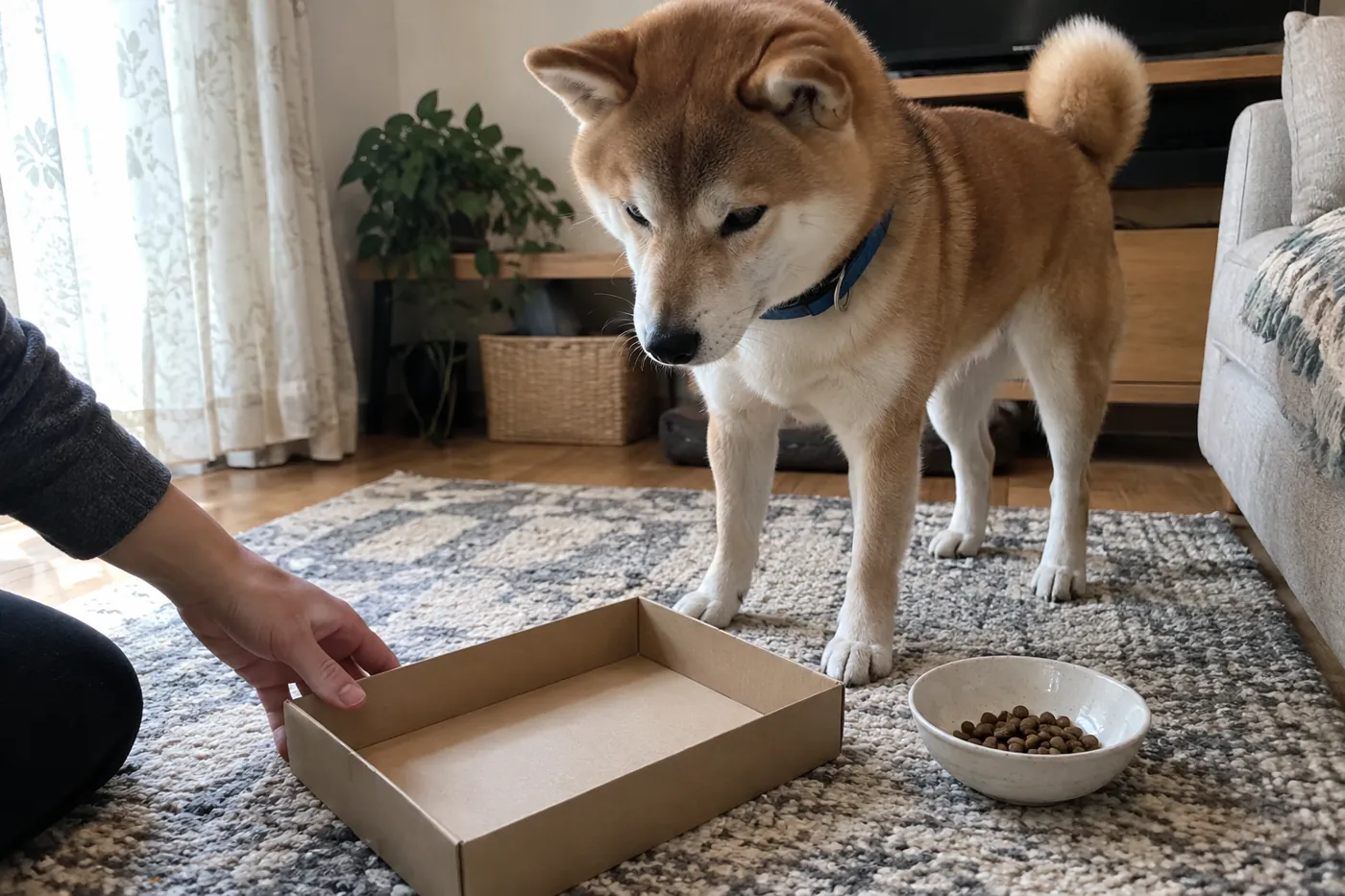 青い首輪の柴犬と、床に用意した浅い箱や少量のフード