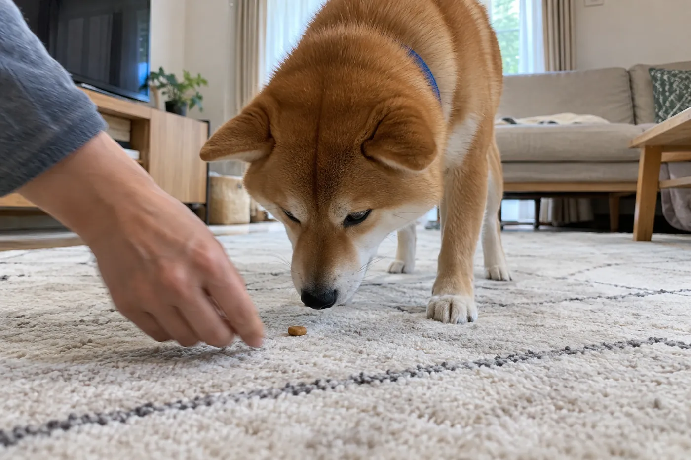 床に見えるように置いたフードへ鼻を近づける柴犬