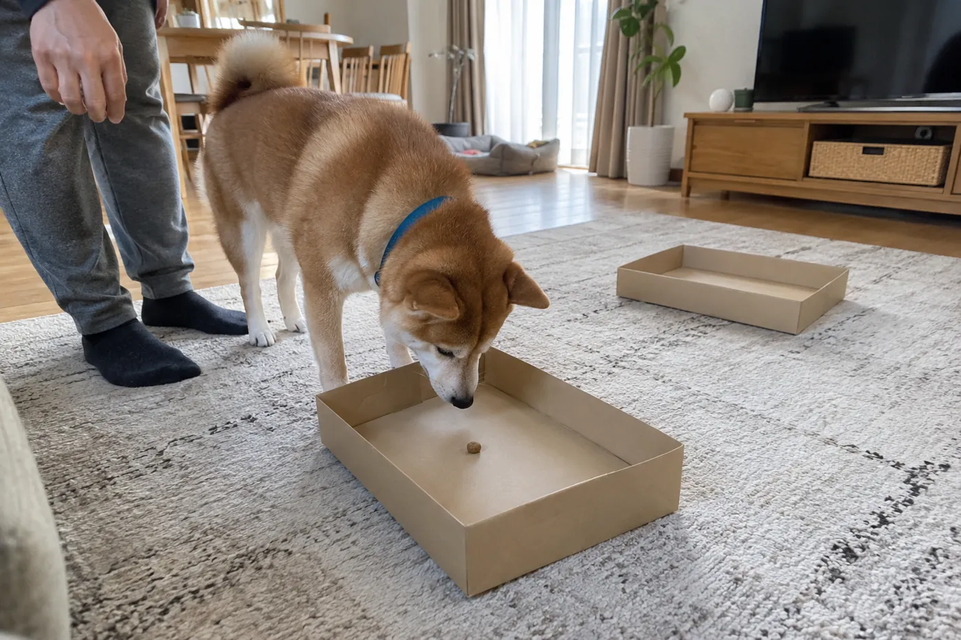 同じ部屋に間隔を空けて置いた浅い箱を順に調べる柴犬