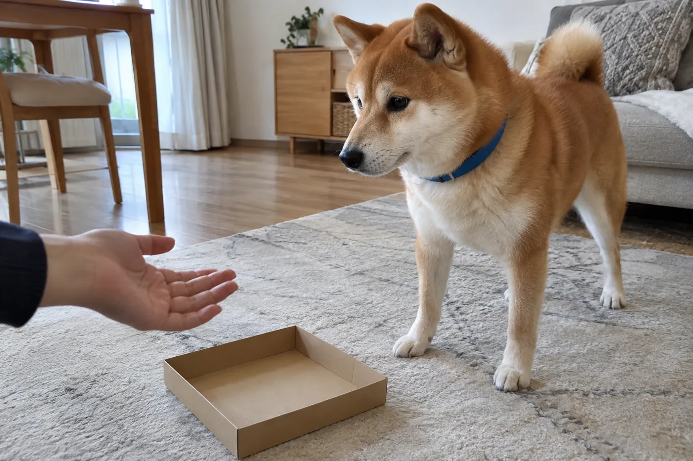 箱のそばで飼い主の手元を見ながら休憩する柴犬