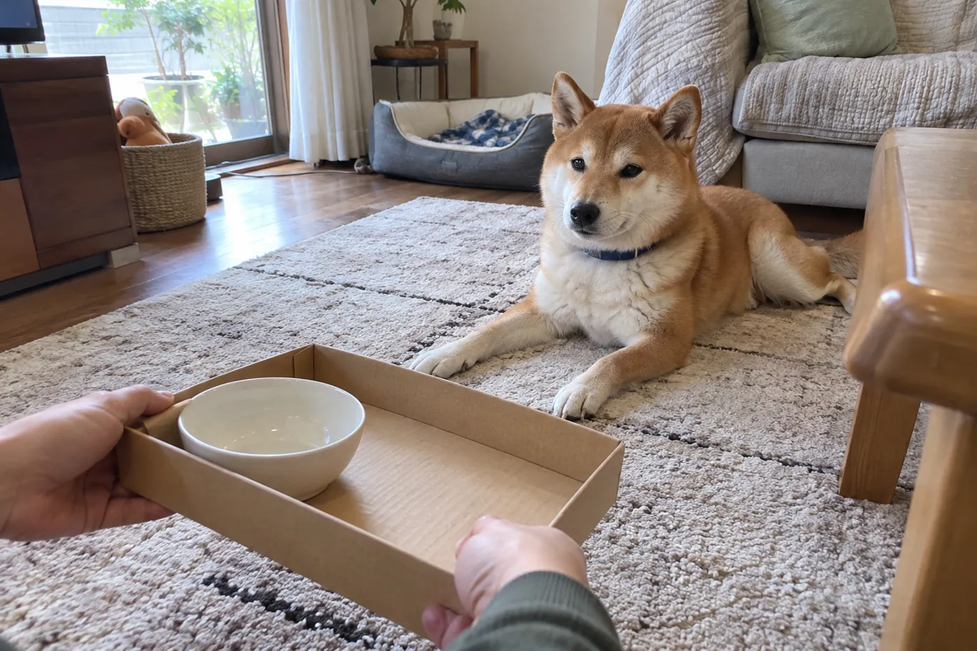 遊びの道具を片づける手元と、近くでくつろぐ柴犬