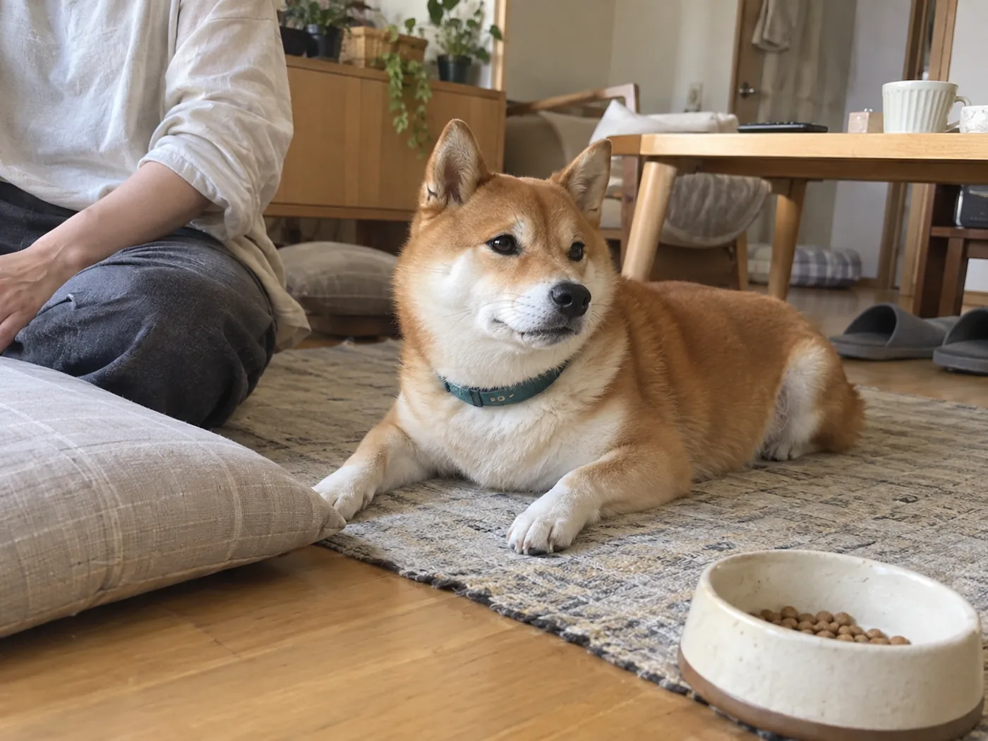 食器から少し離れたマットで休む赤毛の柴犬を飼い主がそばで見守る様子