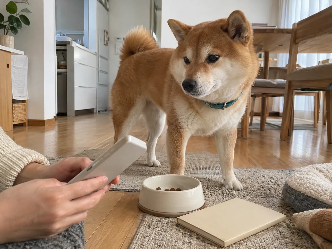 フードの器とスマートフォンを前に記録を取る飼い主の手元と赤毛の柴犬