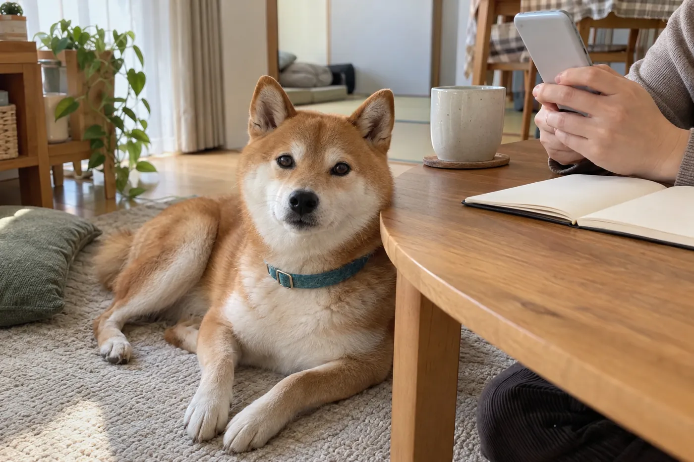 赤毛の柴犬のそばで記録用ノートを開き、電話を持つ飼い主の手元