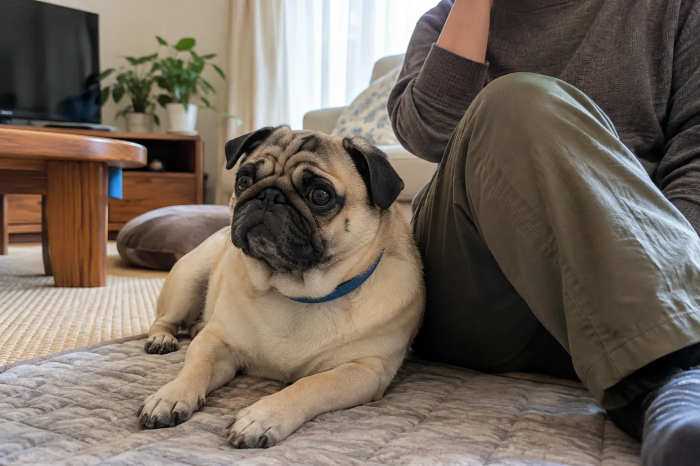 犬のそばで動物病院へ電話する飼い主の手元