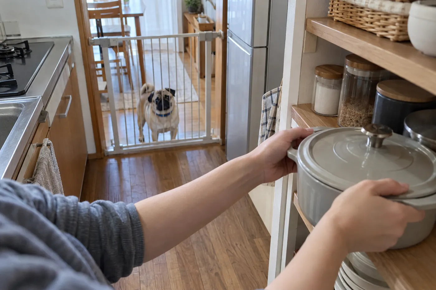 犬をゲートの向こうで待たせ、鍋や調味料を片付ける飼い主の手元