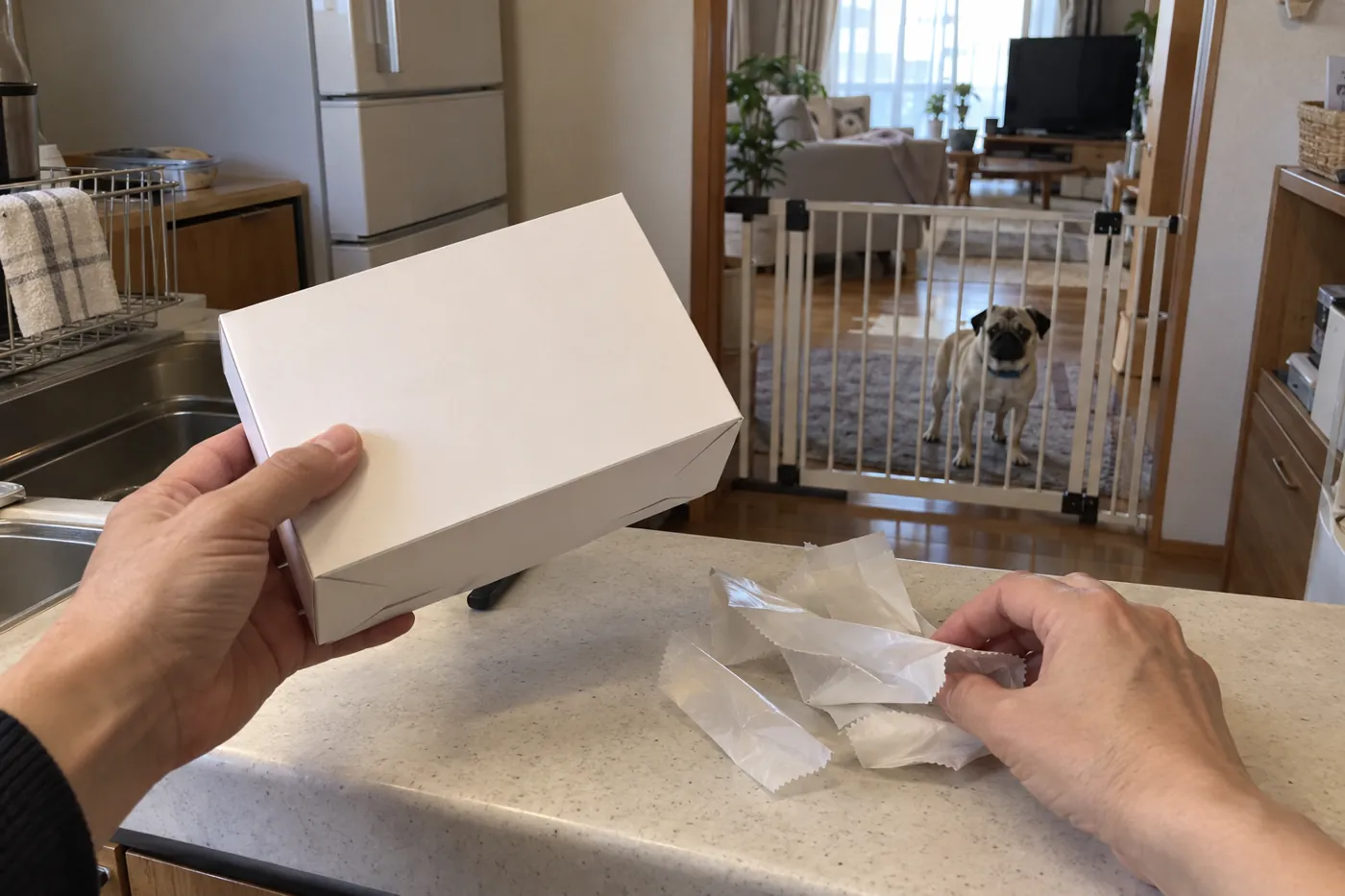 犬から離れた台所でチョコ菓子の箱と包装を確認する飼い主の手元