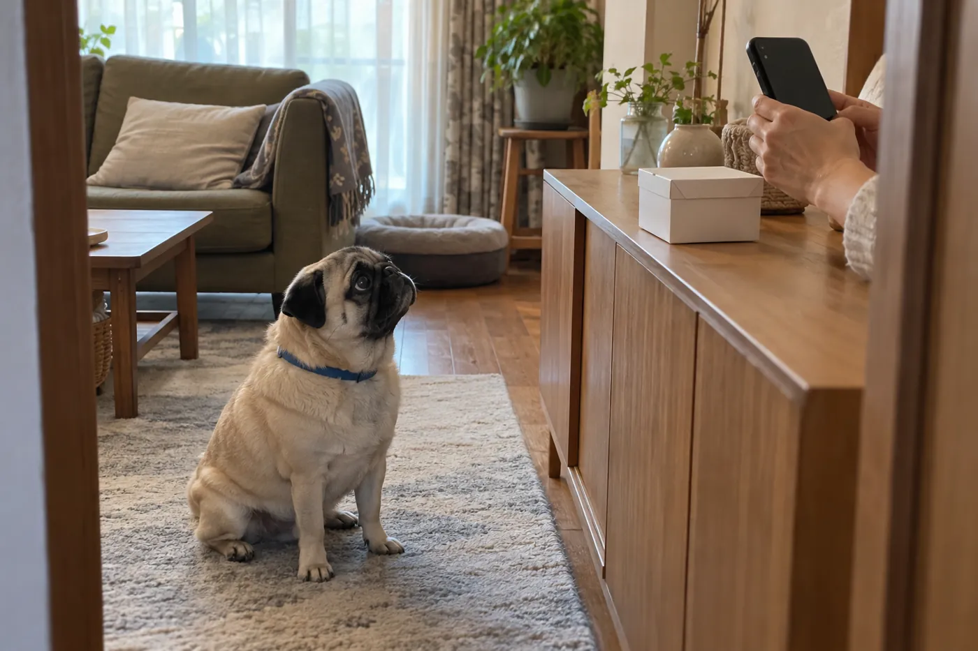 食品の包装とスマートフォンを手元に置き、犬を見守る飼い主