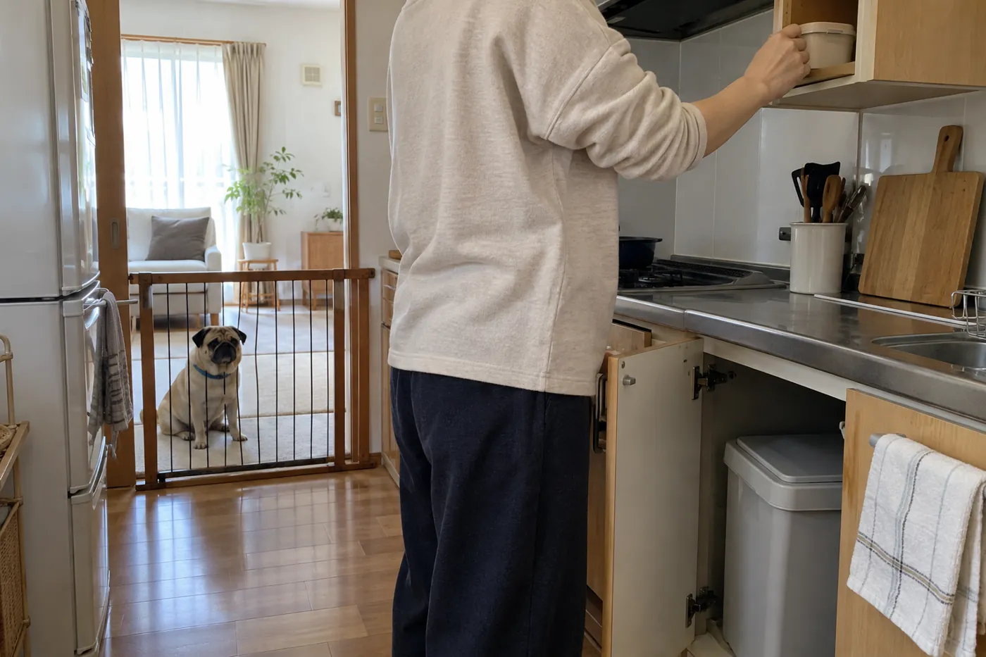 菓子箱を戸棚にしまう飼い主と、離れたマットで待つ犬
