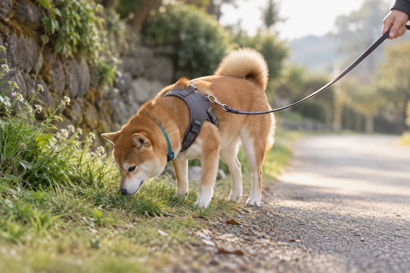静かな道で草のにおいを確かめながら散歩する犬
