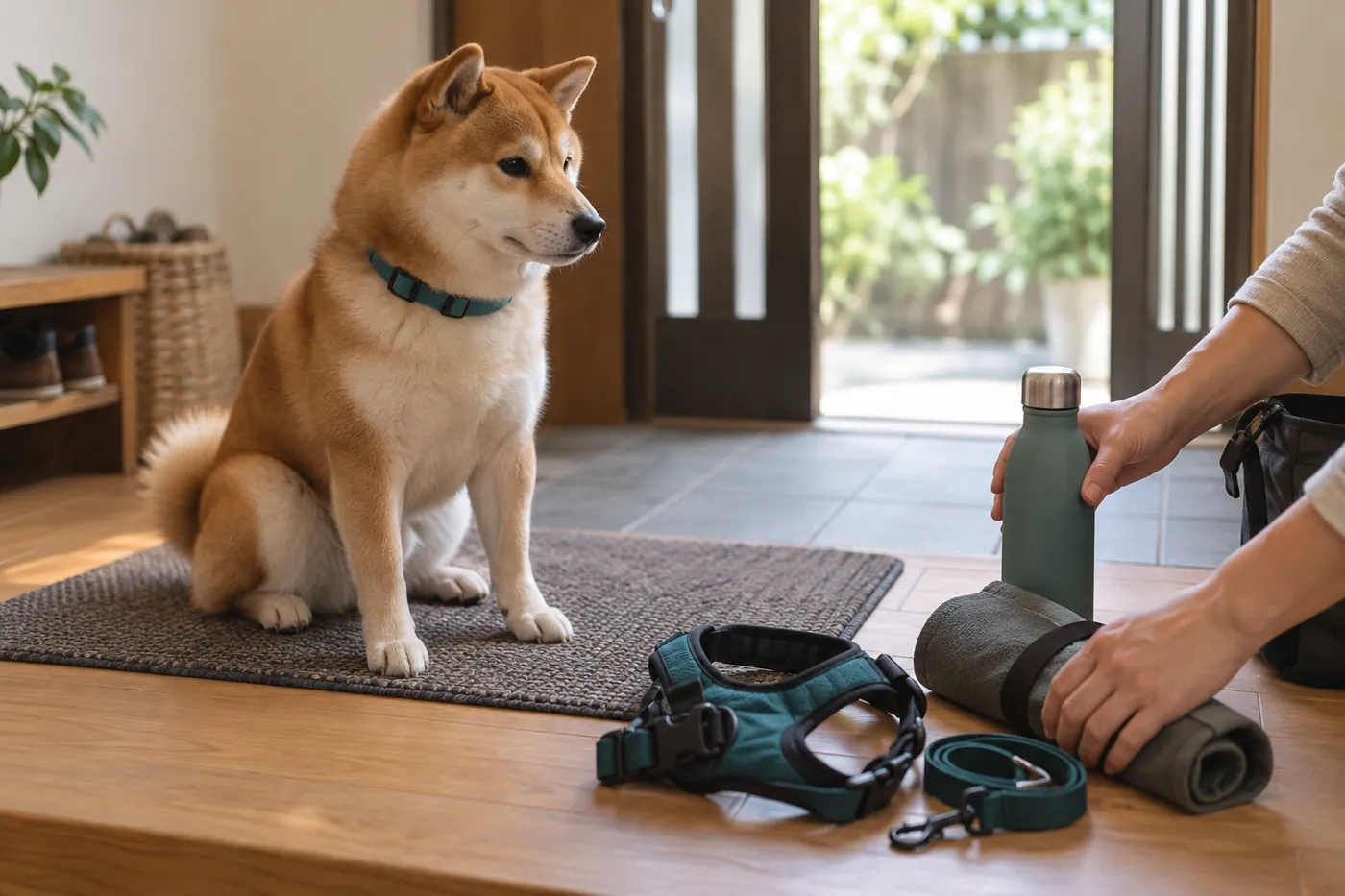 玄関のマットで落ち着いて待つ犬と外出用品を整える飼い主の手元