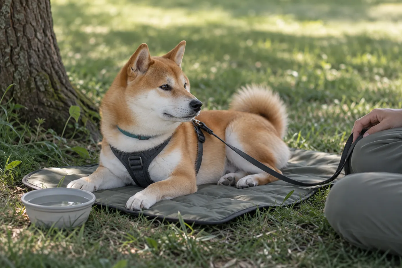 木陰のマットで飼い主のそばに伏せて休む犬