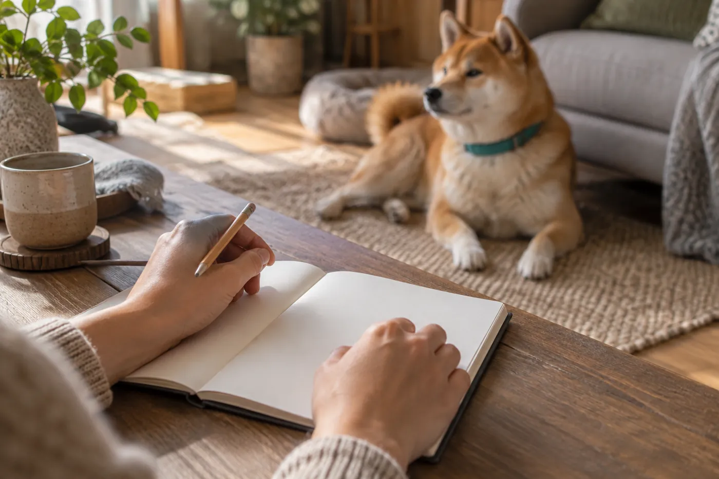 くつろぐ犬のそばで外出の記録をつける飼い主の手元