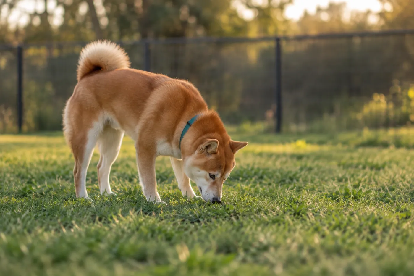 静かな一般的なドッグランの芝生で落ち着いてにおいを嗅ぐ犬