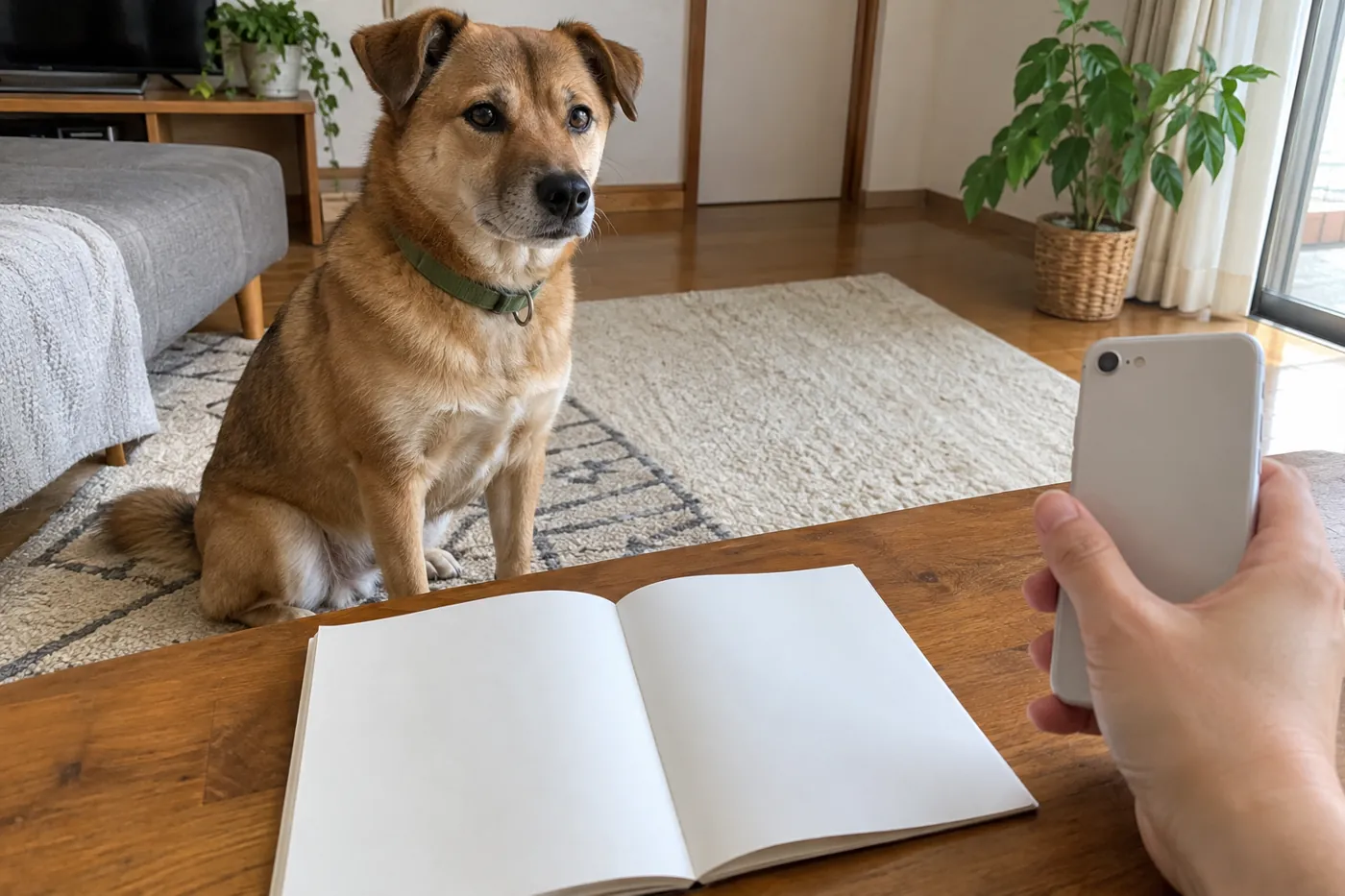 電話を持つ飼い主の手元と、そばのマットで落ち着いて座る茶色の雑種犬