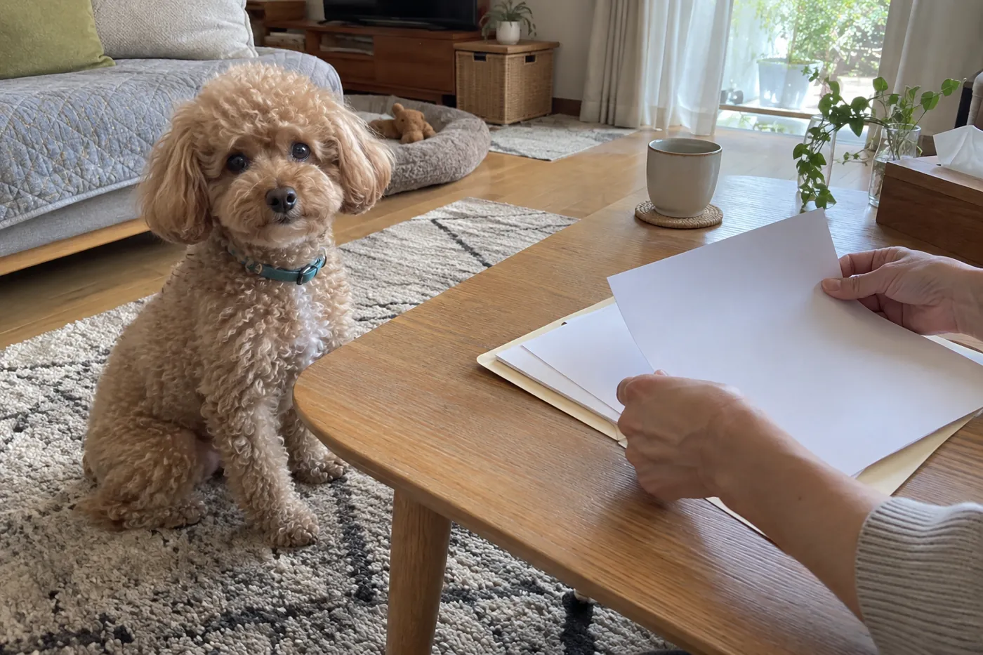 リビングでくつろぐ犬と保険の資料を整理する飼い主の手元