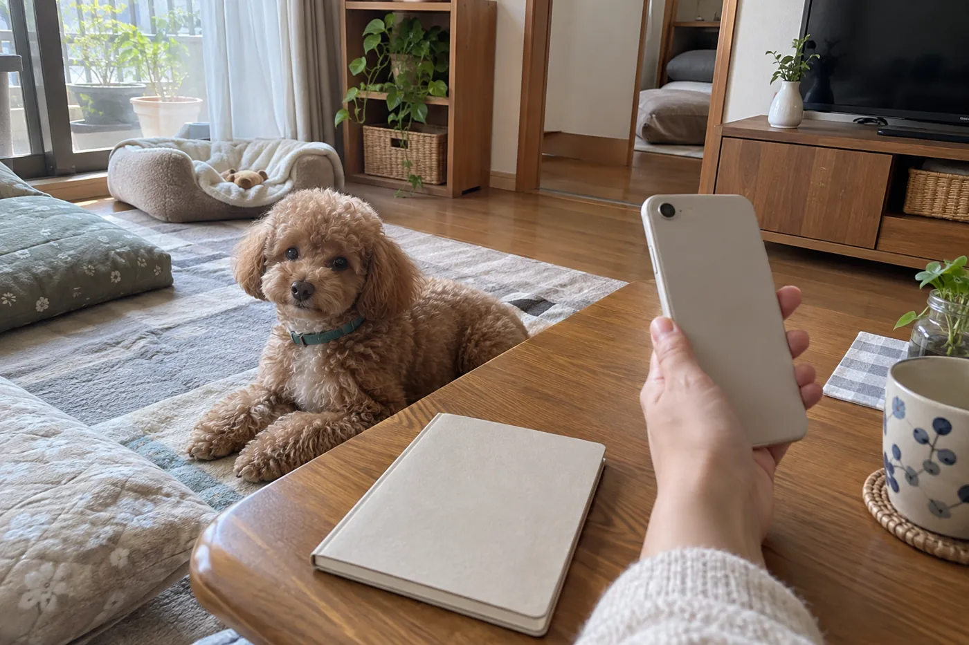 低いテーブルのそばで伏せる犬と家計を計算する飼い主の手元