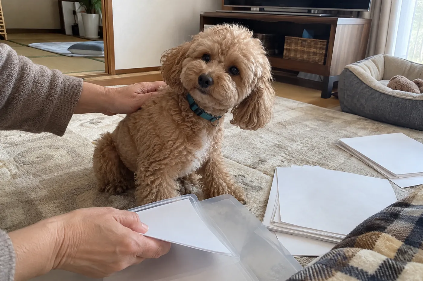自宅で犬をなでながら通院記録のファイルを整理する手元