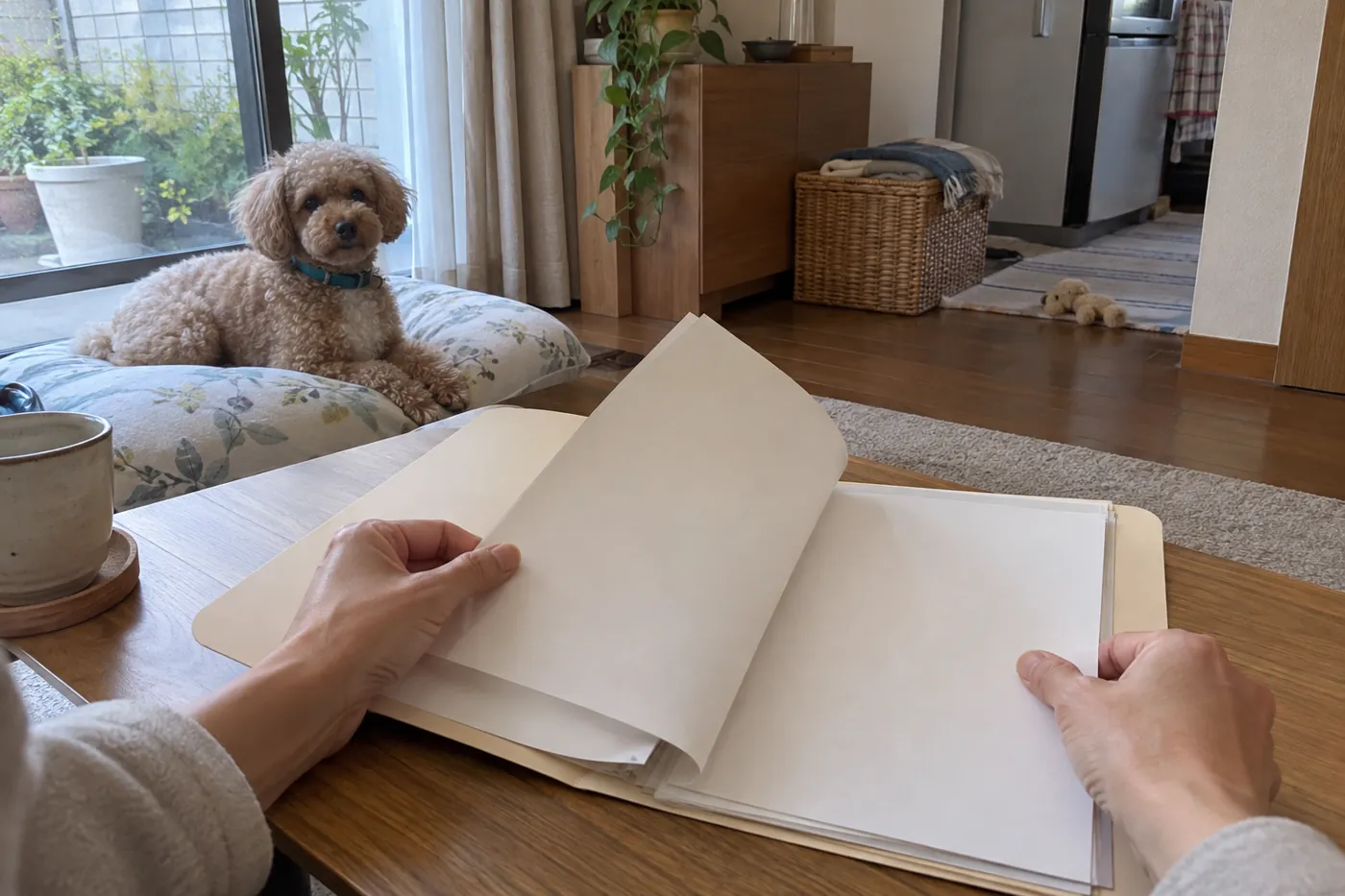 窓辺で休む犬の横で契約書類を見直す飼い主の手元