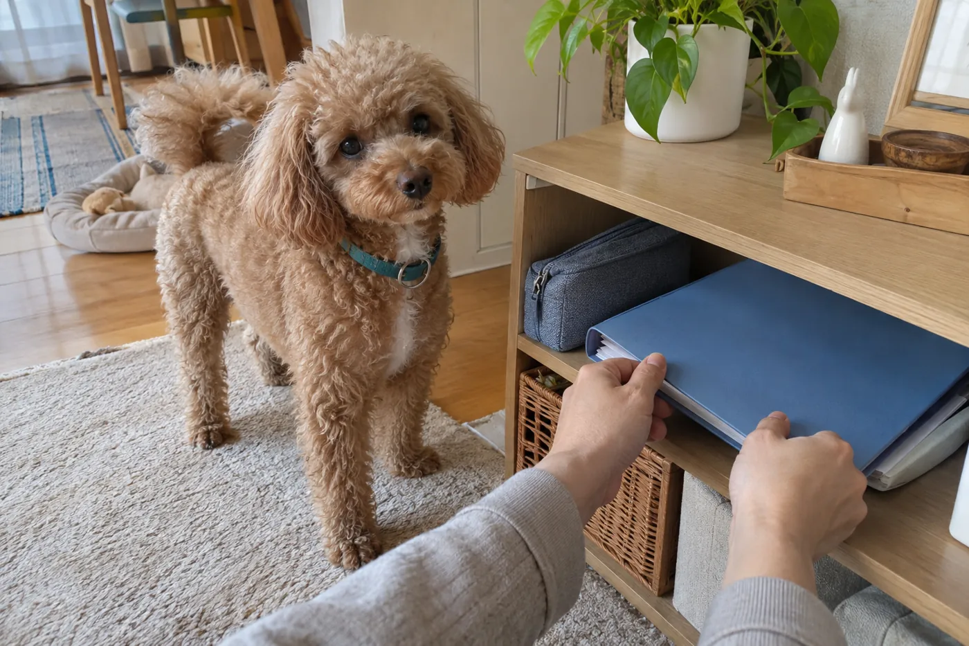 犬のそばで書類を保管用ファイルに入れる飼い主の手元