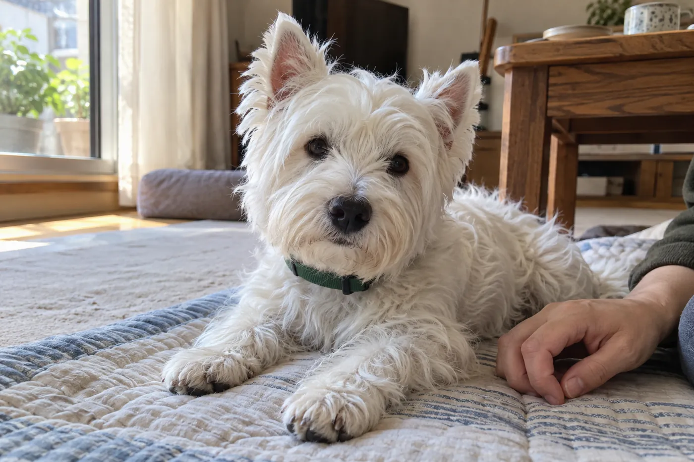 家のマットで休む犬の前足と顔まわりを飼い主が見守る様子
