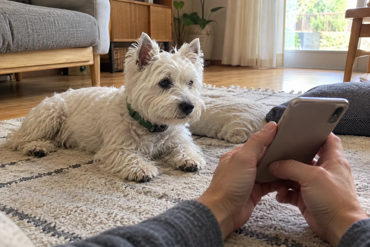 犬がそばで休む中で飼い主がスマートフォンに観察内容を記録する手元
