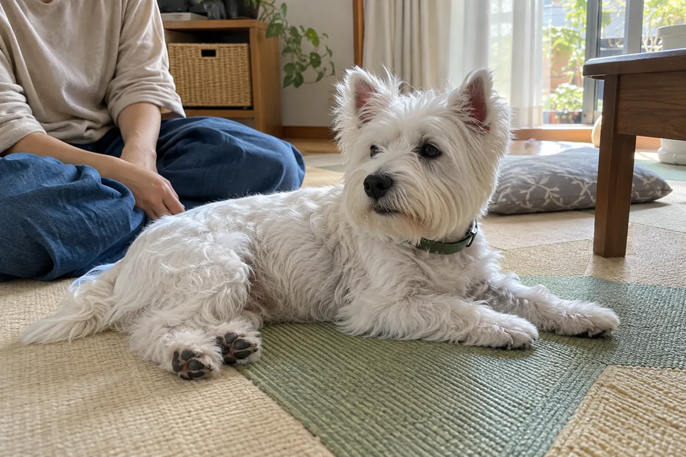明るい室内で横になった犬を少し離れた位置から見守る飼い主