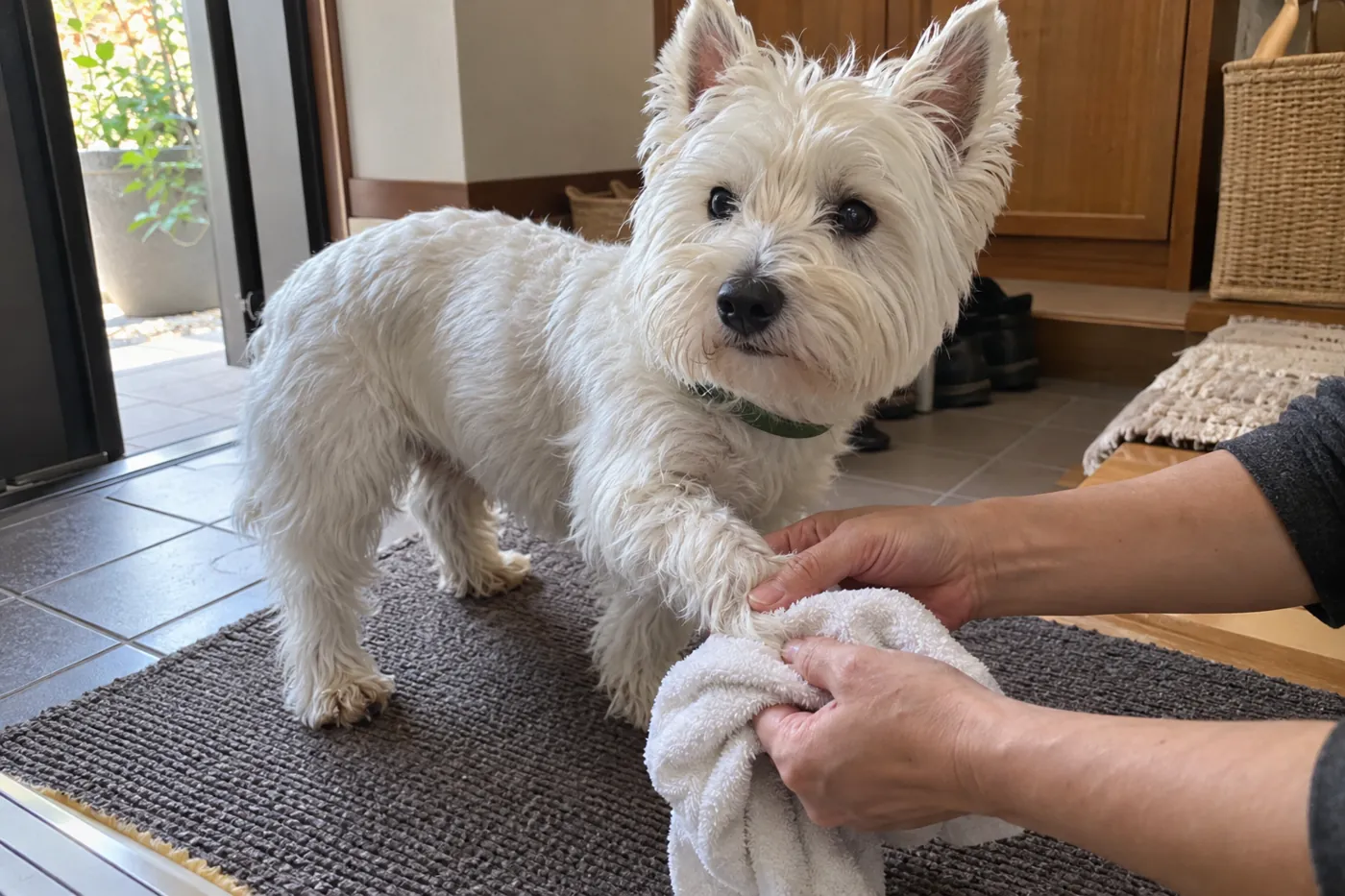 玄関で犬の足先を湿らせた柔らかいタオルでやさしく拭く手元