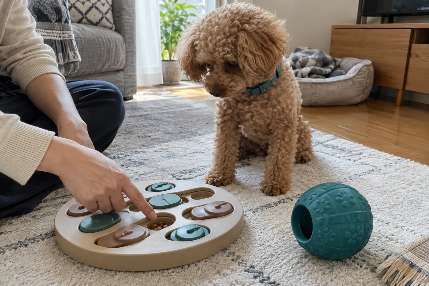 形の異なる知育玩具を飼い主と確かめる犬