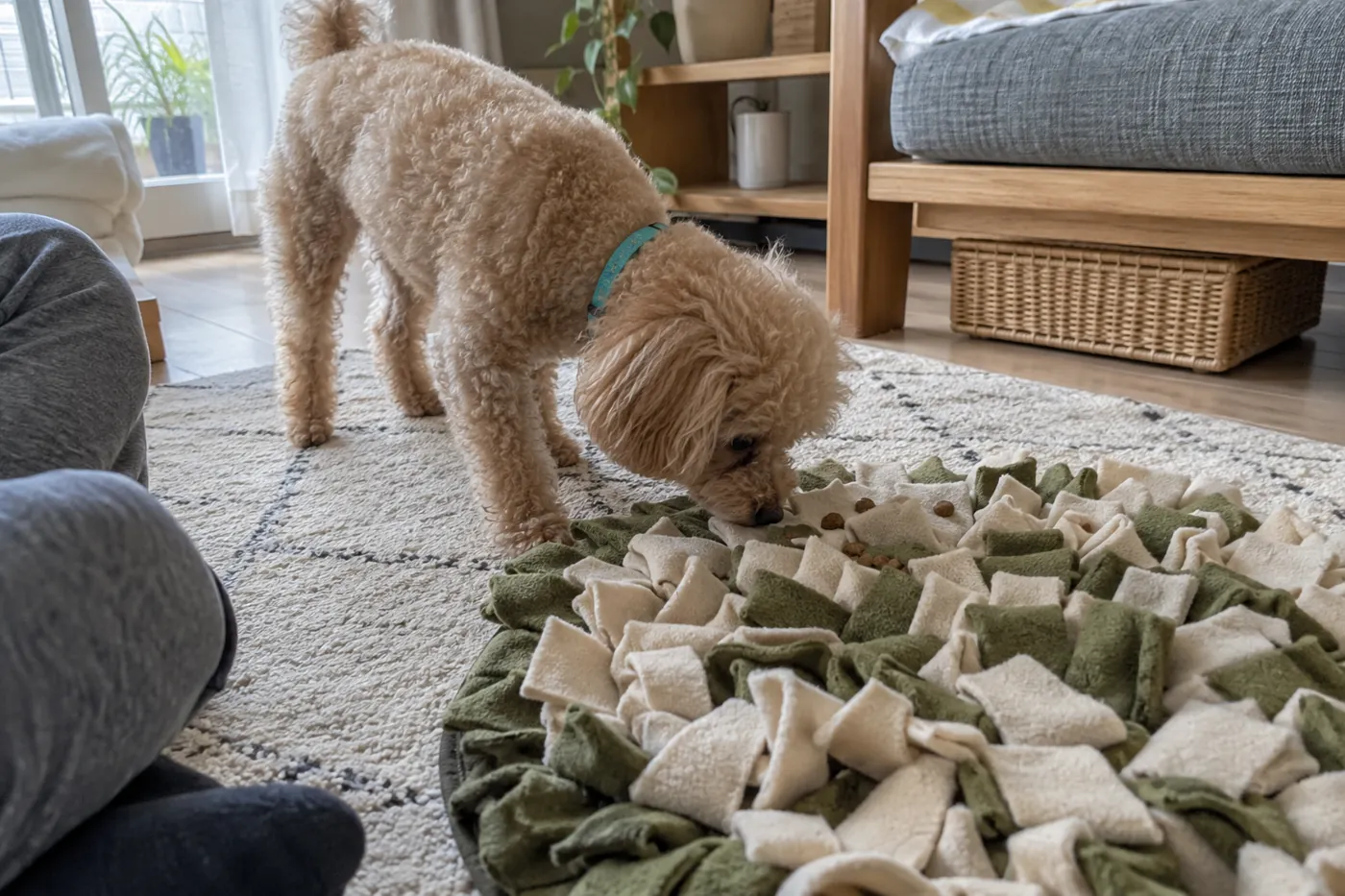 鼻で探す遊びを楽しむ犬