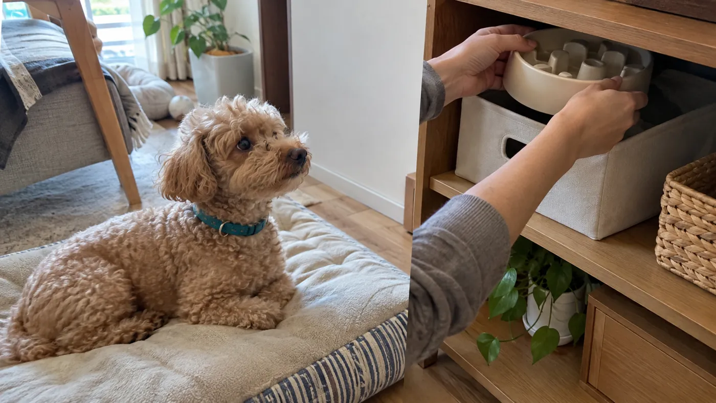知育玩具を片づける飼い主のそばで休む犬