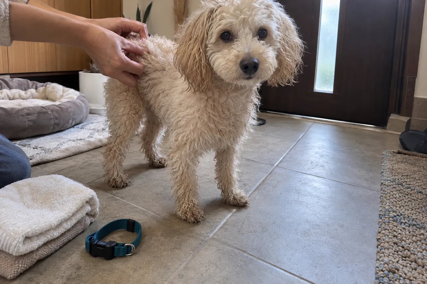 雨の散歩から帰り、タオルを用意した室内で被毛を確認してもらう犬
