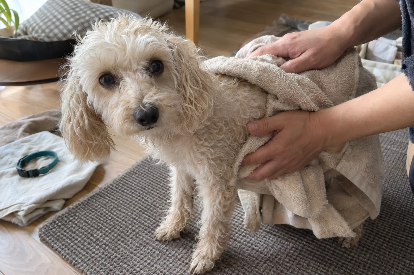 室内のマットに立つ犬の背中を、飼い主の手がタオルでやさしく押さえている様子
