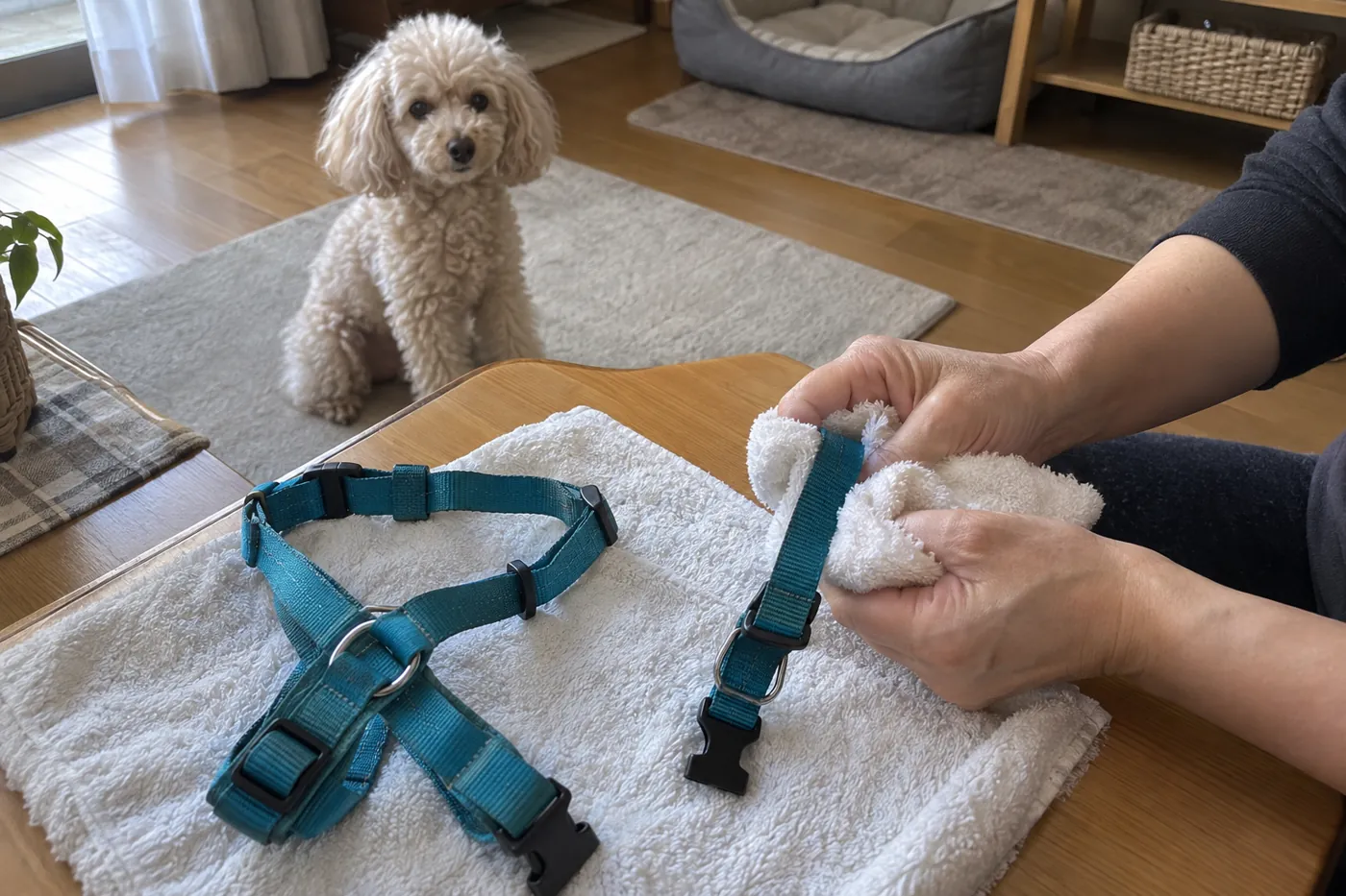 犬のそばの作業台で、外した青緑色の首輪とハーネスの水気を拭き取る手元