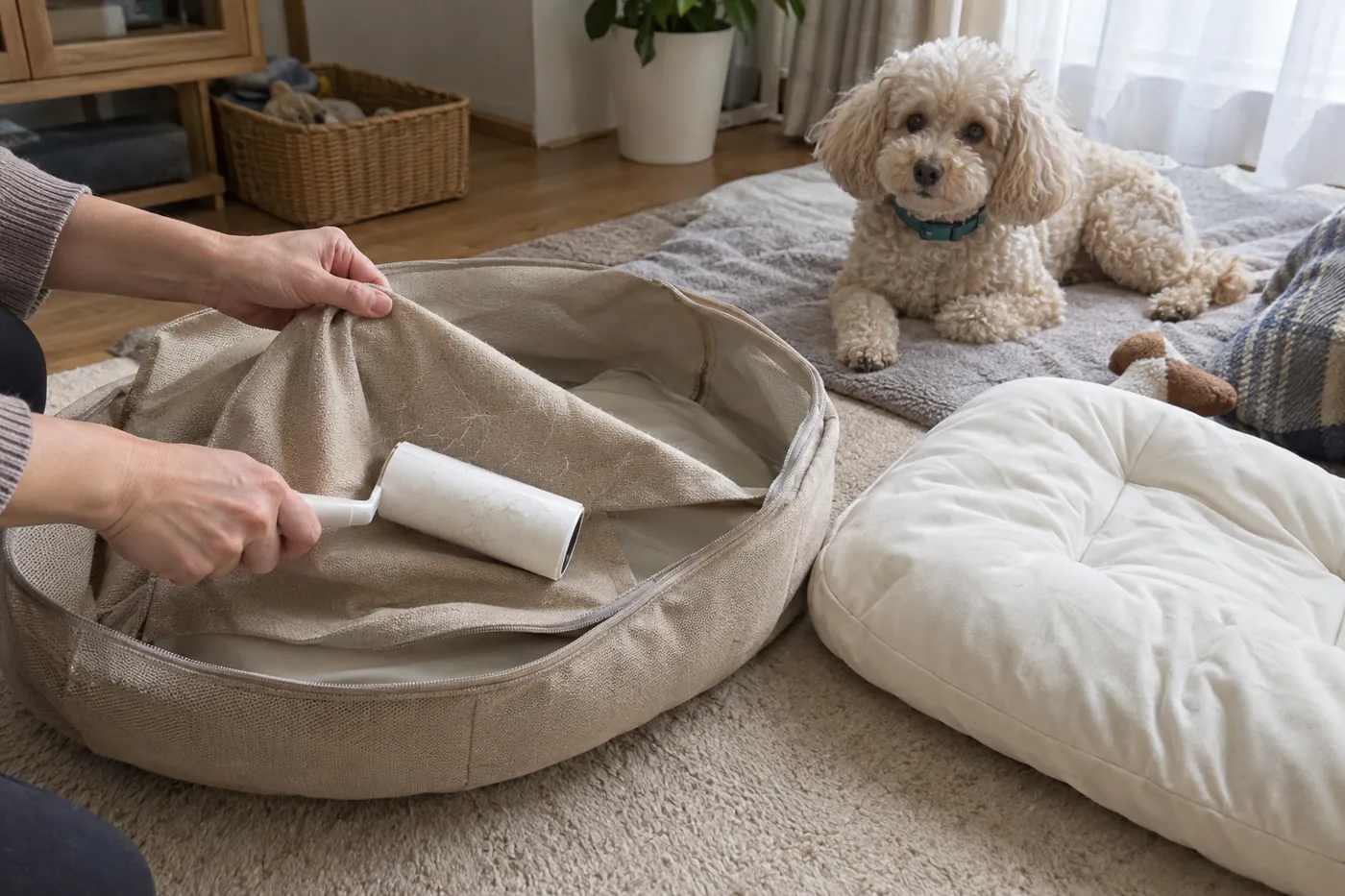 飼い主が犬用ベッドのカバーを外し、粘着クリーナーで抜け毛を取り除く様子