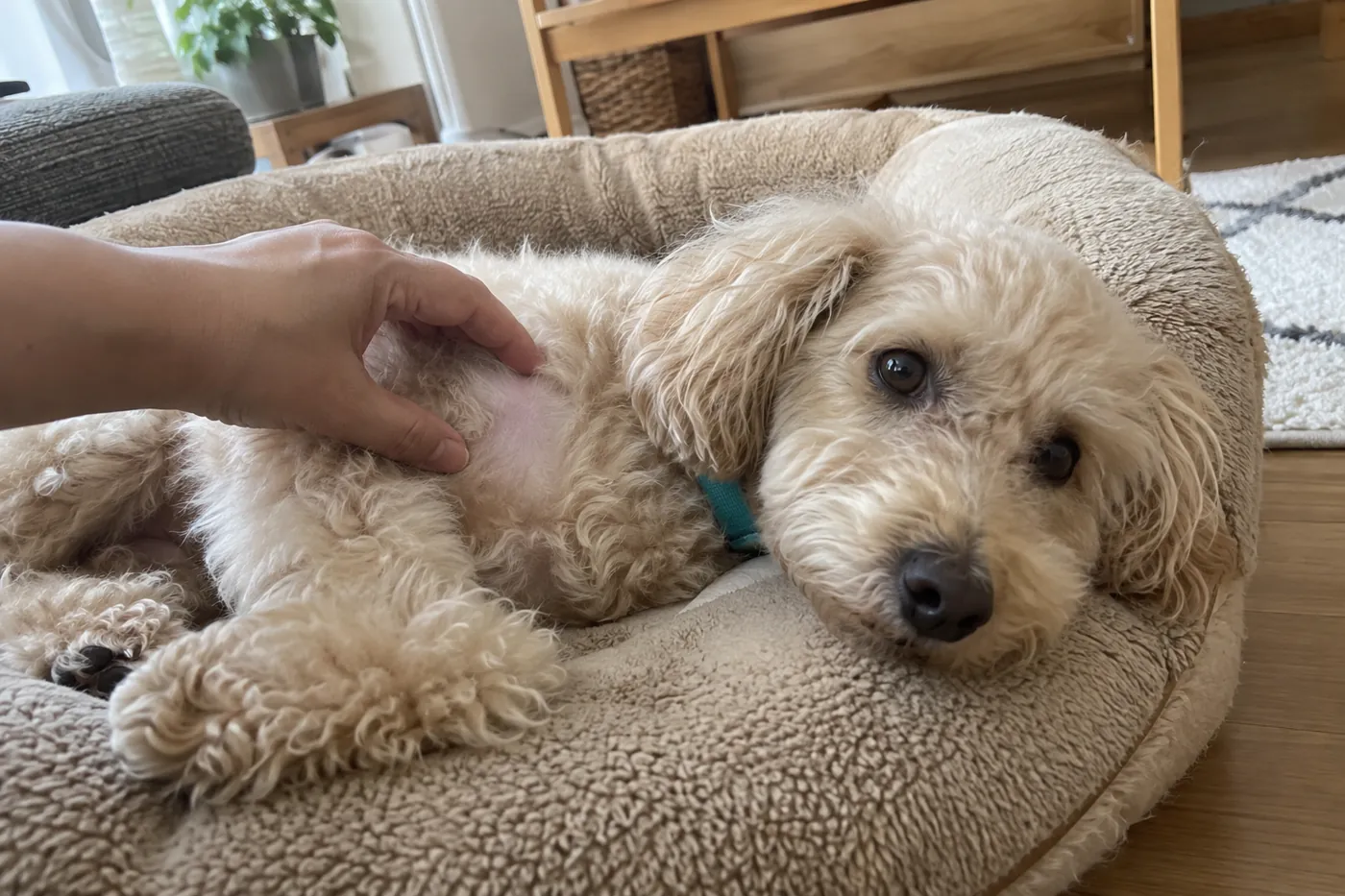 乾いたベッドで休む犬のそばで、飼い主が脇の被毛をそっと分けて皮膚を見る様子