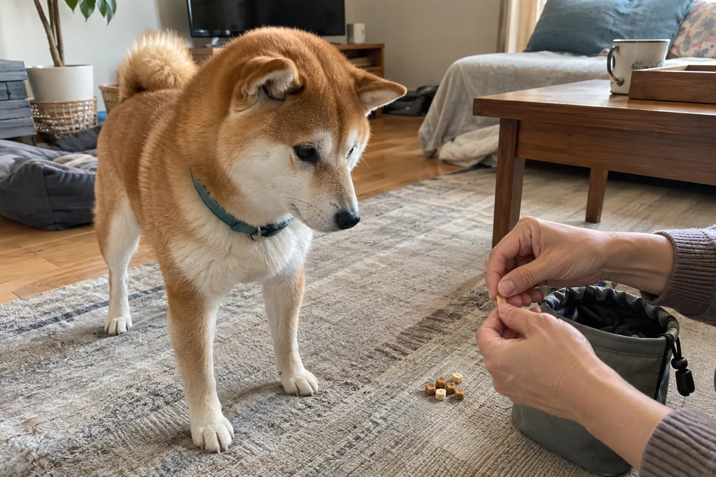 静かなリビングで、飼い主が用意したごほうびに関心を向ける茶色の犬