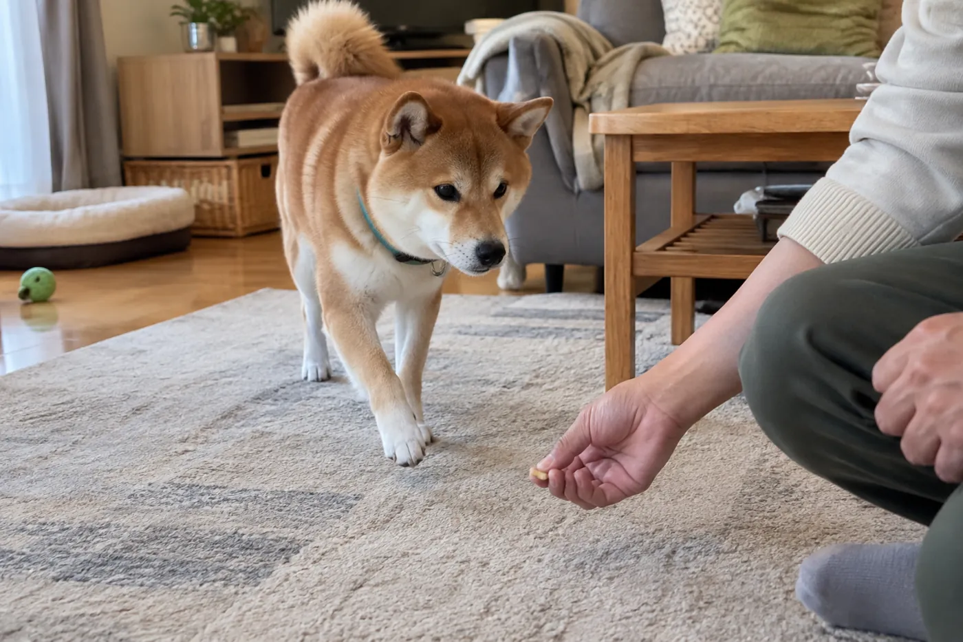 室内の短い距離から、飼い主の手元に向かって歩いてくる犬