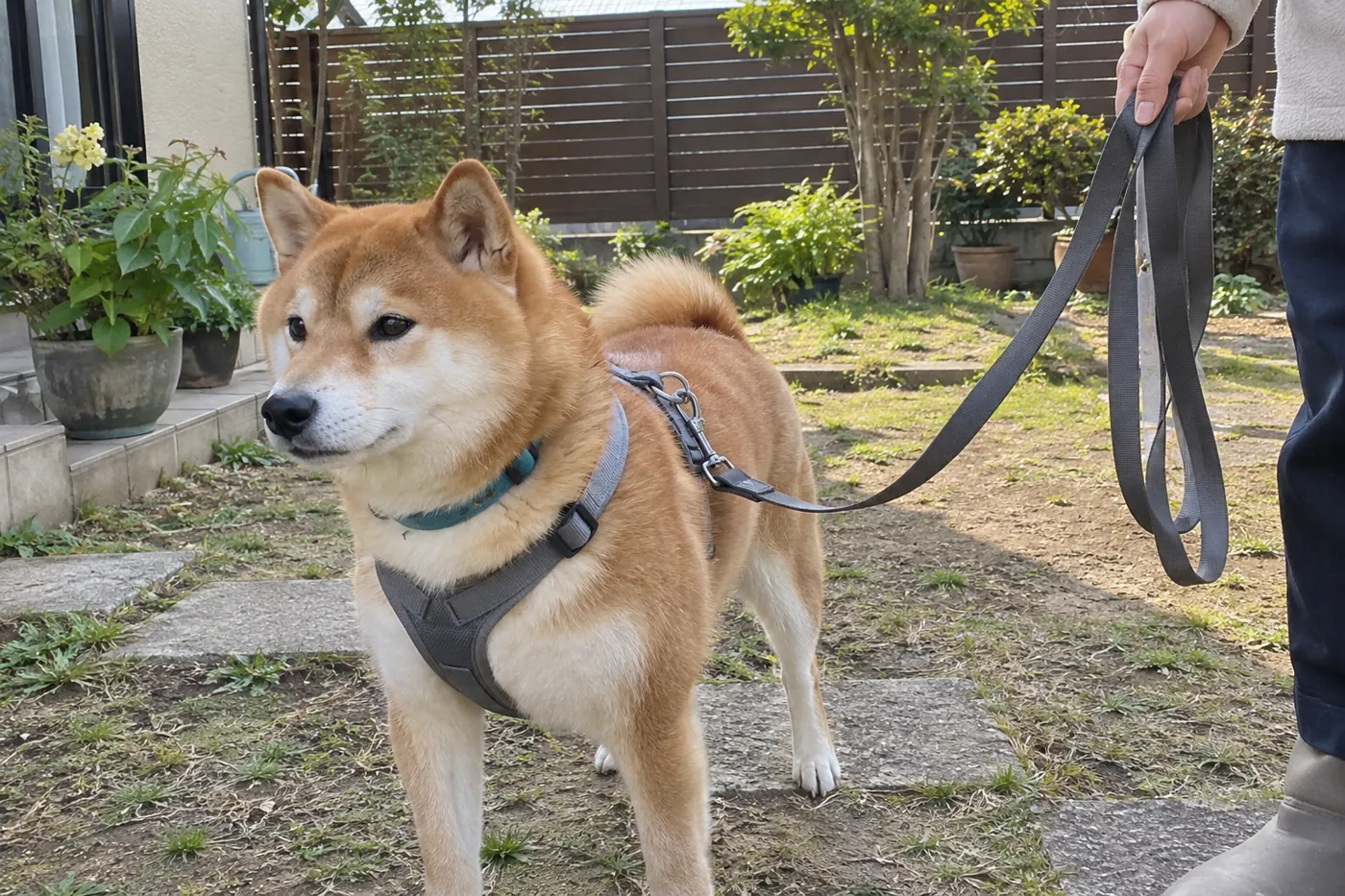 閉じた庭で犬のハーネスにつないだリードを、飼い主が手で保持している様子