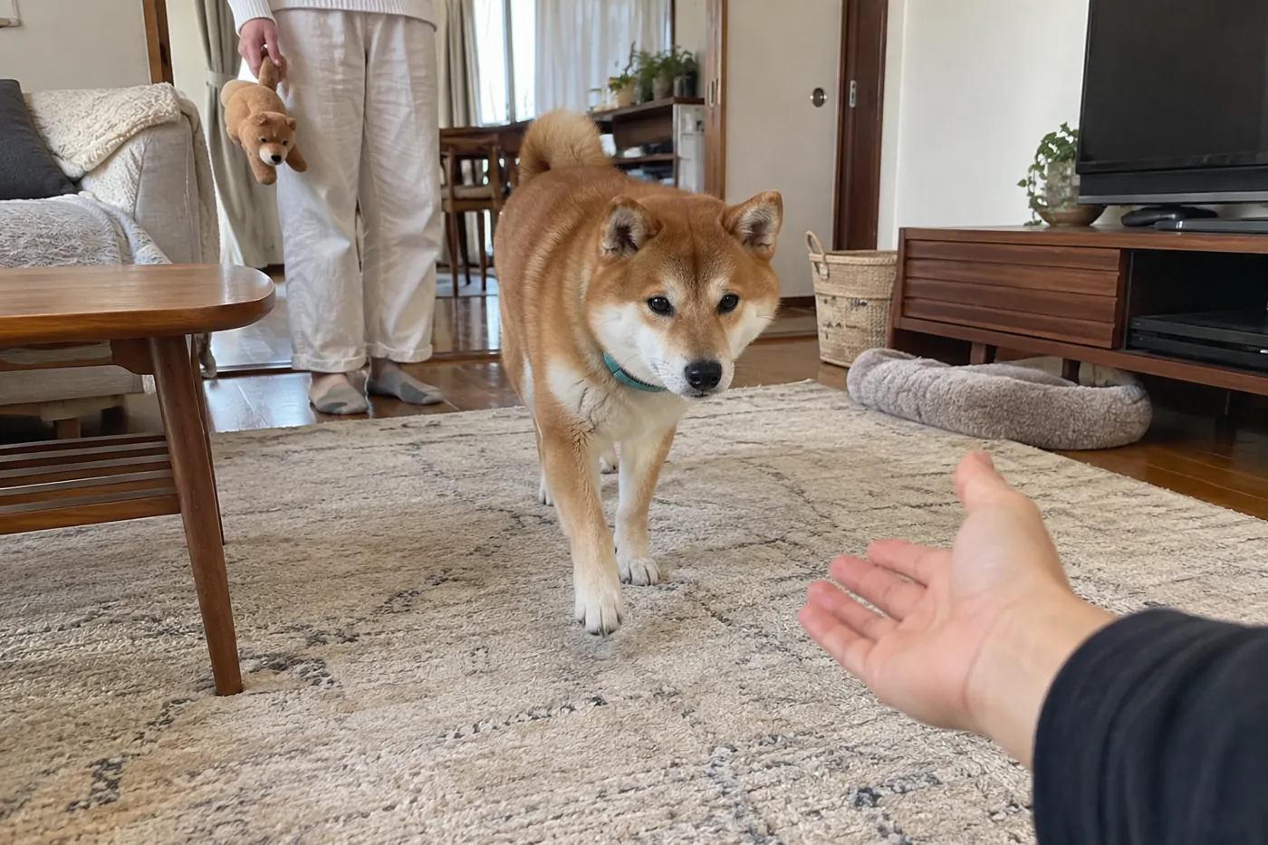 室内で奥の家族が静かに立つ中、手前の飼い主へ戻る犬