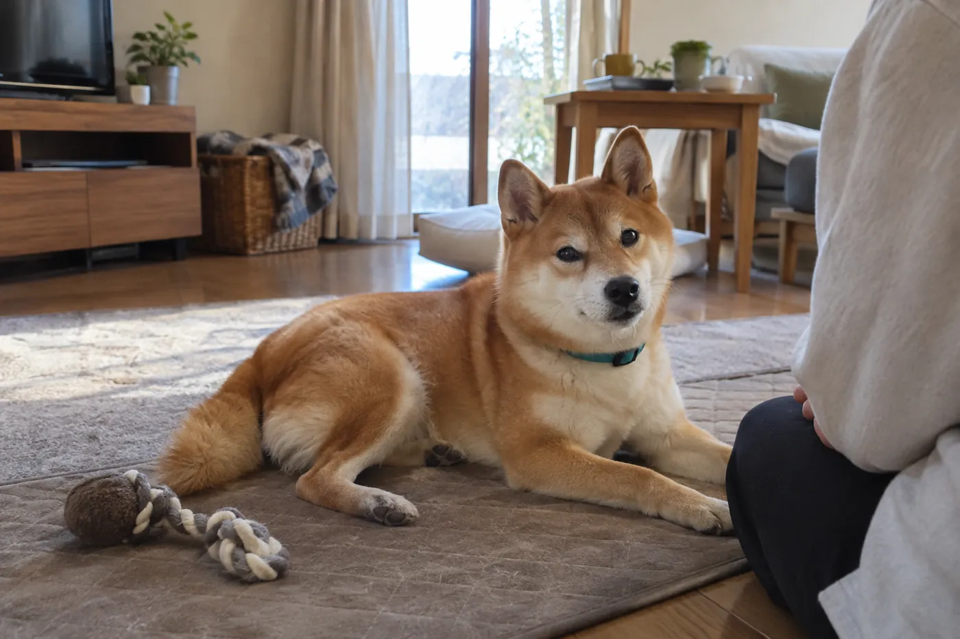 練習を休み、室内のマットでくつろぐ犬と離れて見守る飼い主の後ろ姿