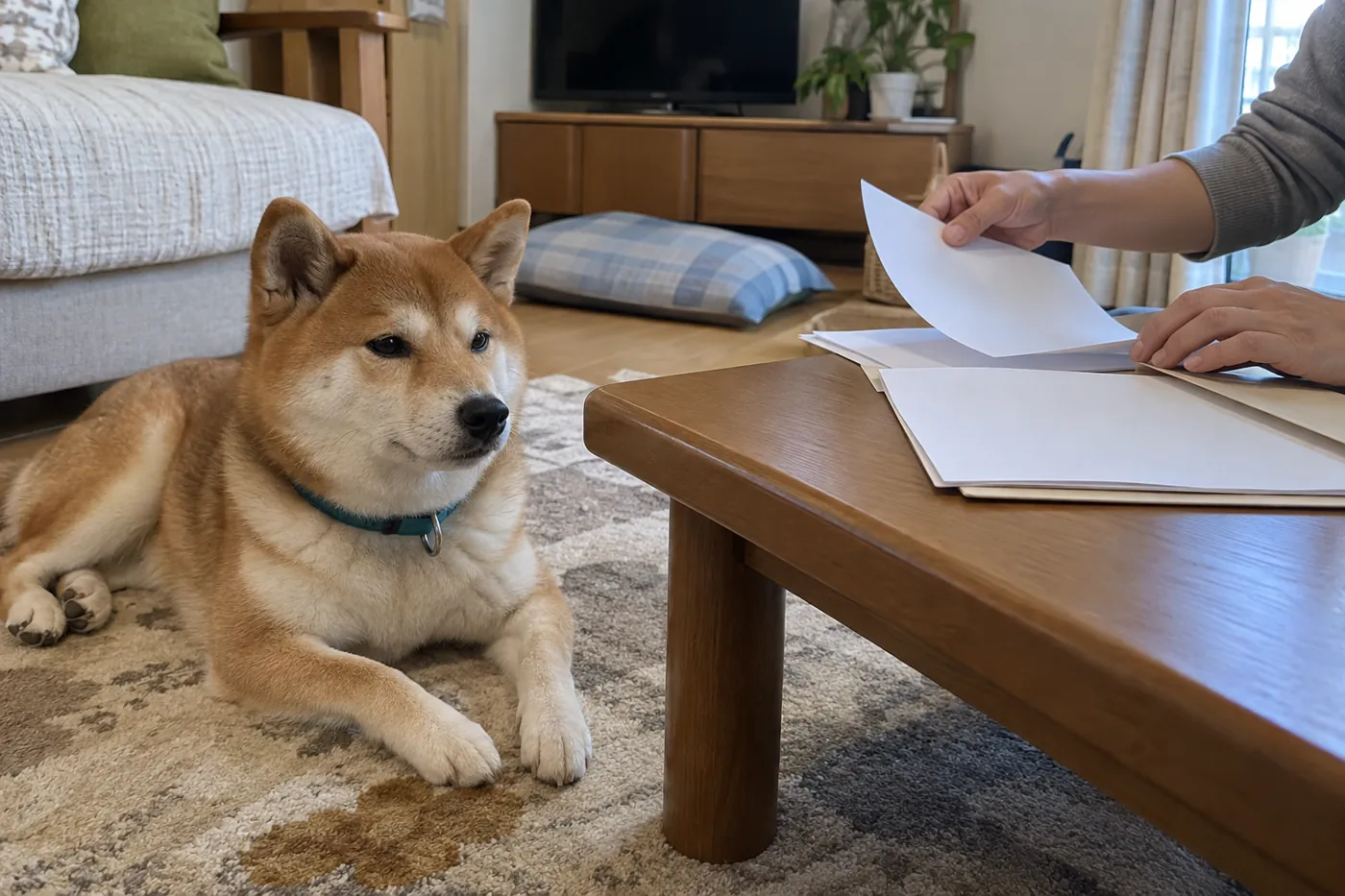 家の床でくつろぐ犬と手続きの書類をまとめる飼い主の手元