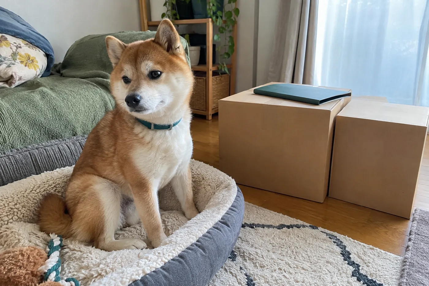 引っ越し用の無地の箱のそばで自分のベッドに座る犬