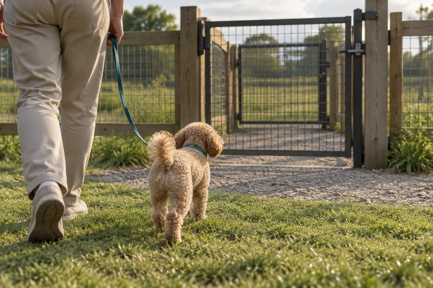 他の犬と離れた場所で、飼い主と一緒に出口へ向かうトイプードル