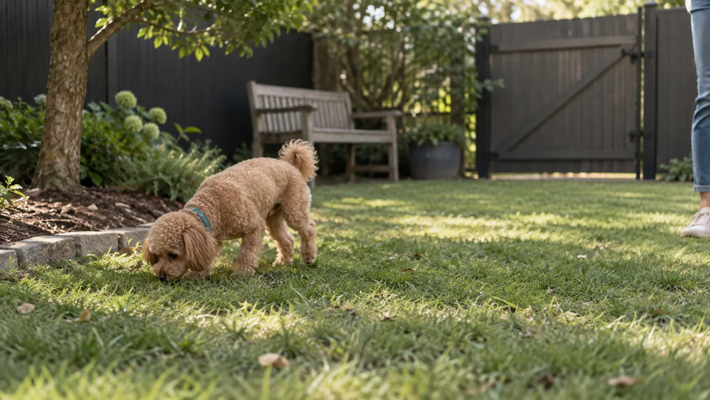 ほかの犬がいない貸切をイメージした庭で、ゆっくり歩くトイプードル