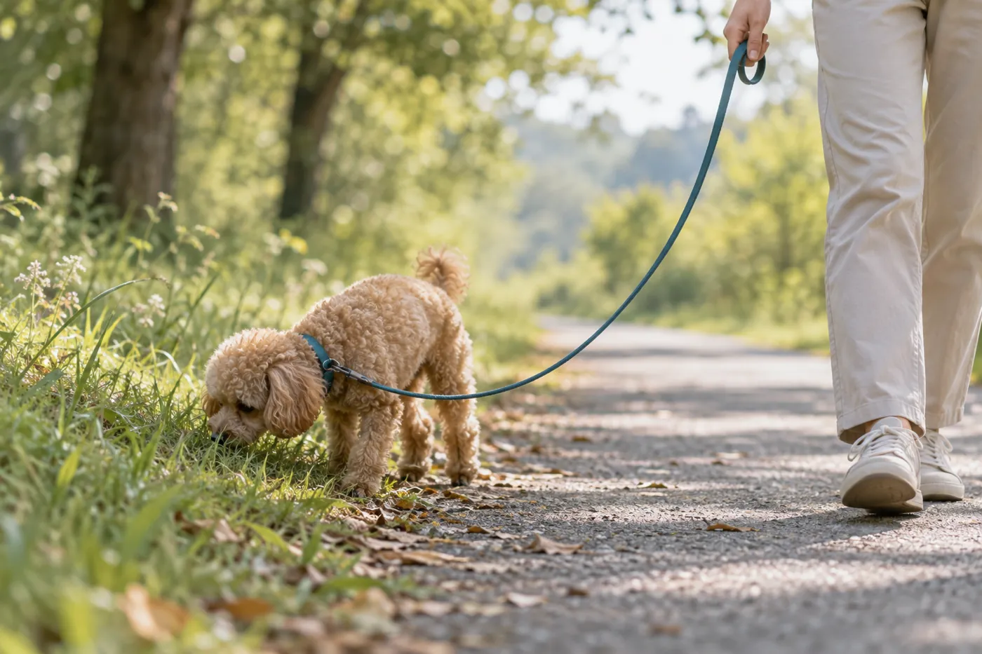 静かな散歩道で、リードを付けて飼い主とゆっくり歩くトイプードル