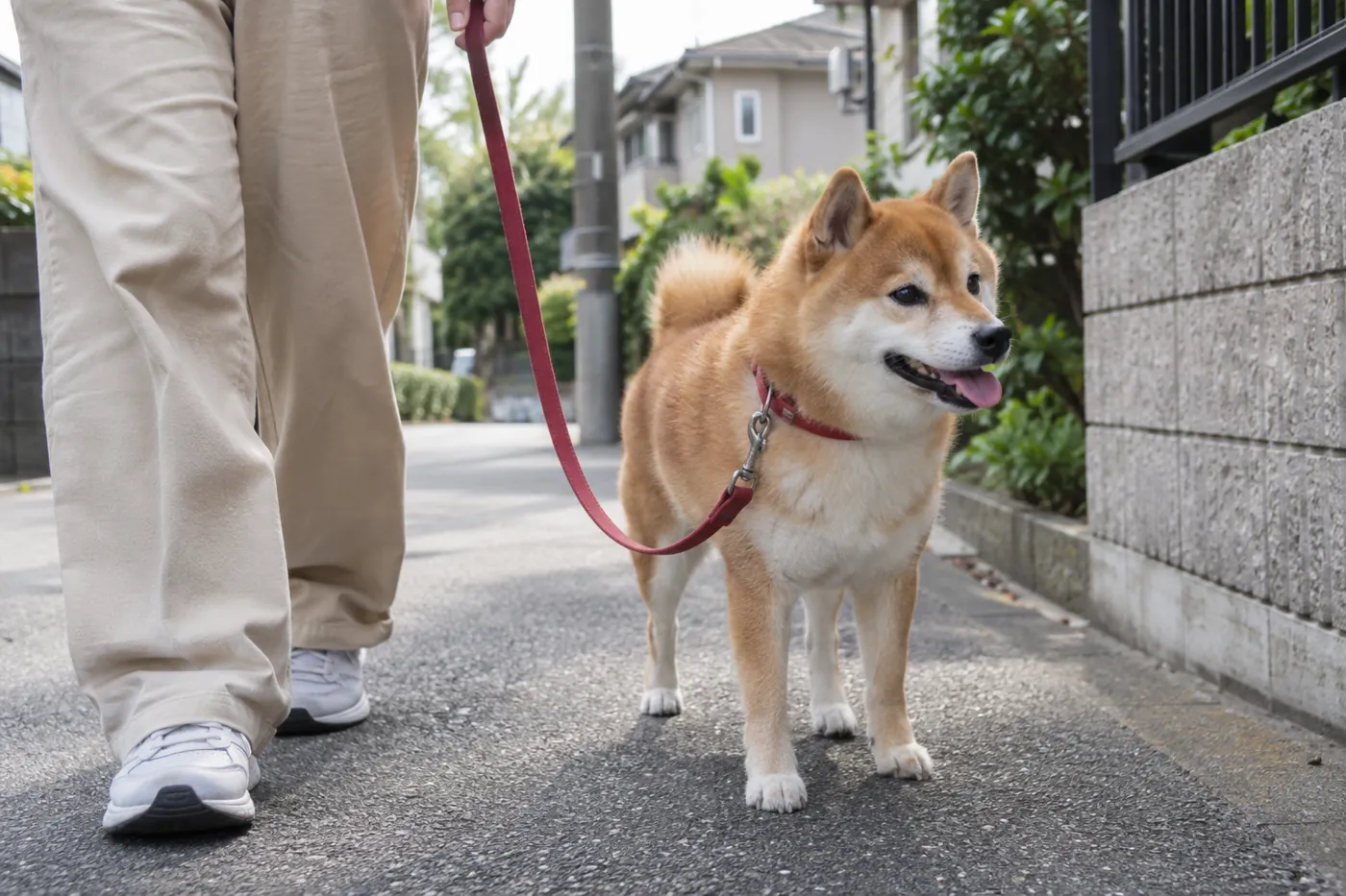 落ちている物のない道で飼い主の横に立つ赤い首輪の柴犬