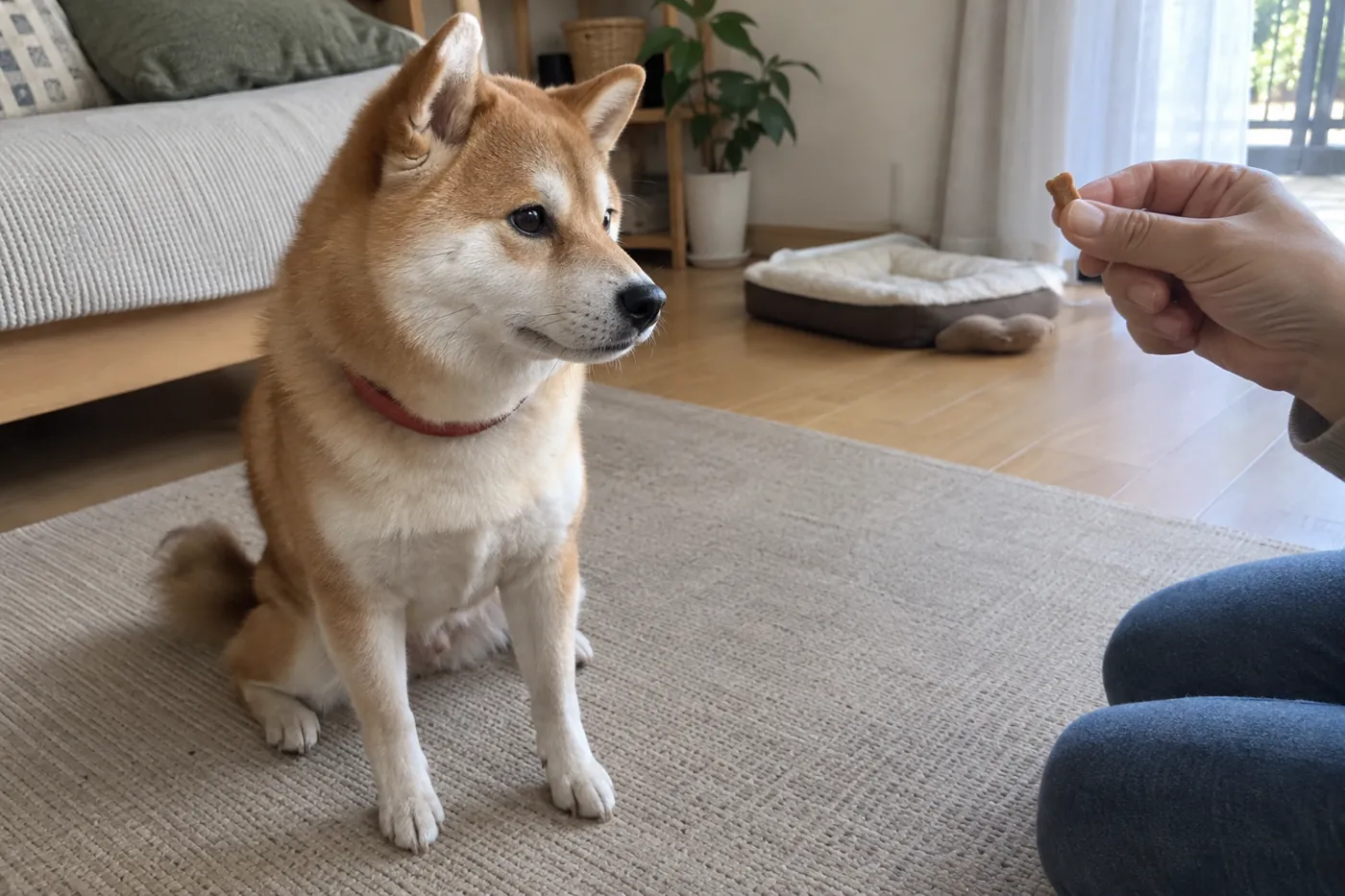室内で飼い主の手元に注意を向ける柴犬
